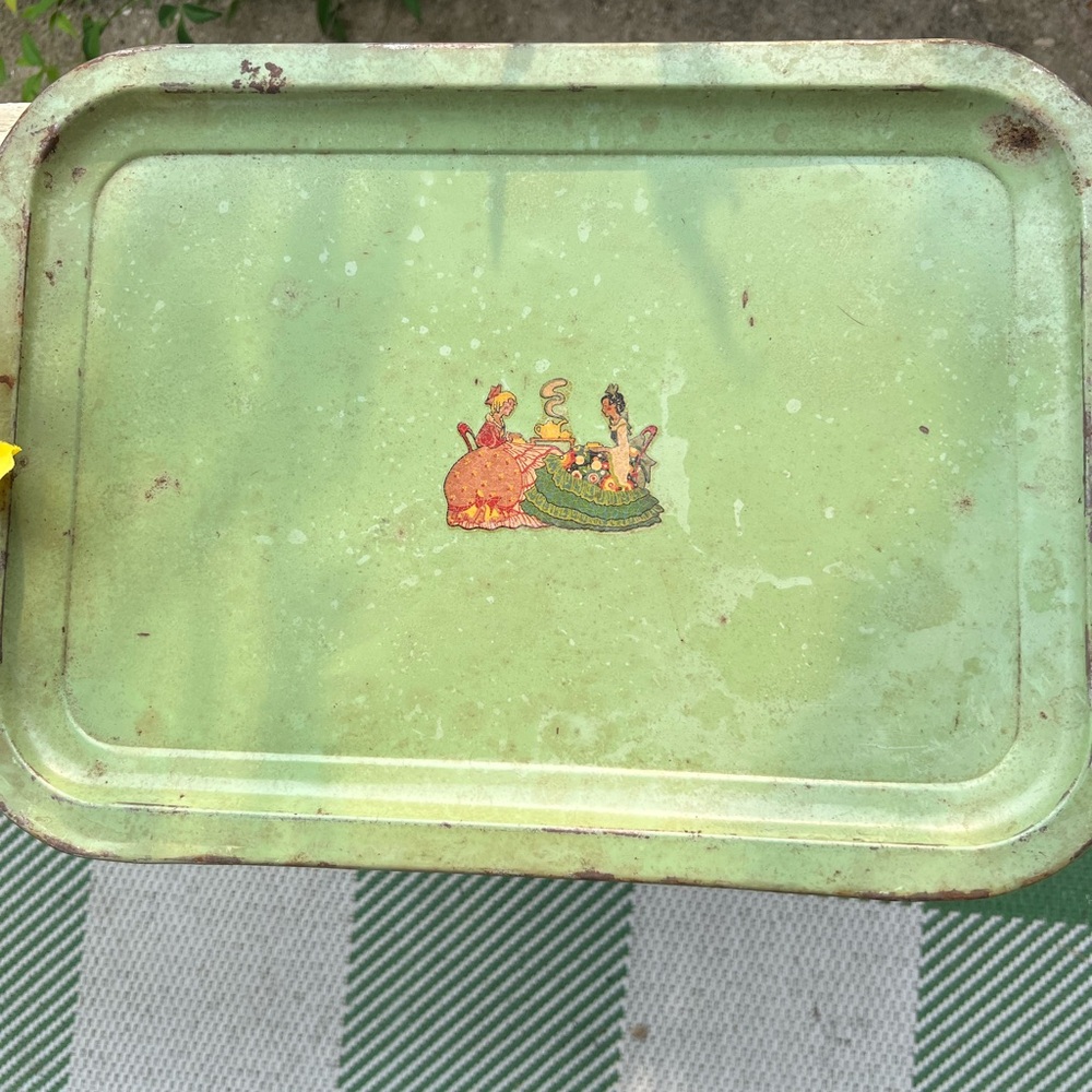 Vintage 1940’s- 60’s green  Metal Tray Slight dents, paint wear, very light rust
